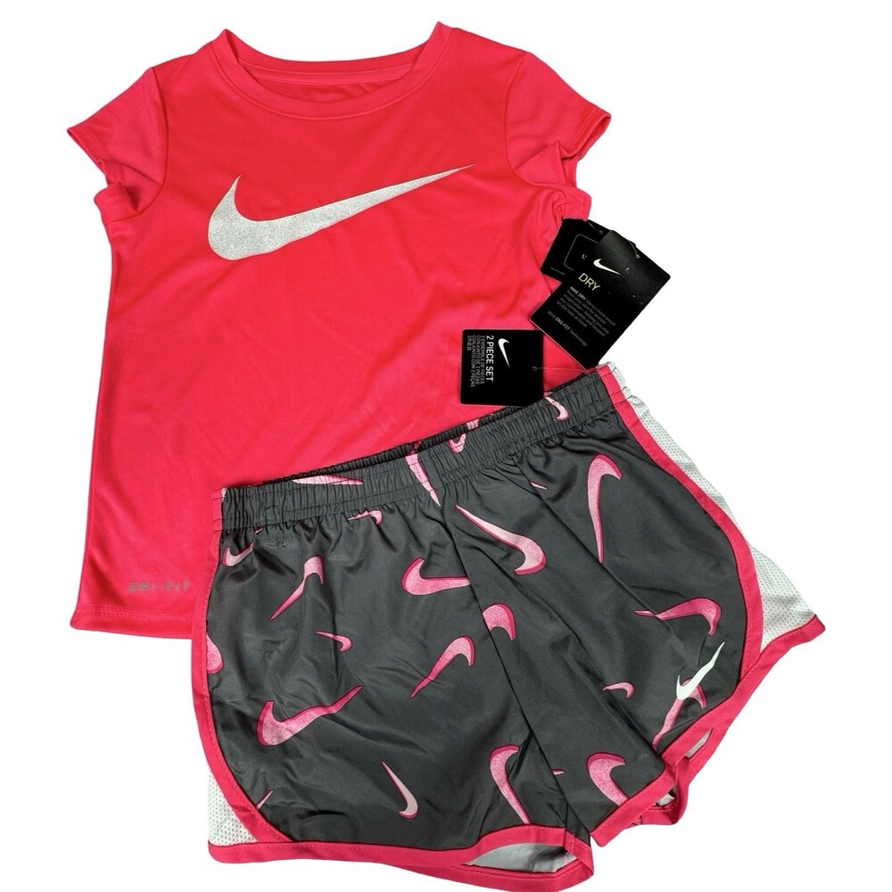 Nike Girls Size 6 Dri-Fit Set 2-Piece Pink Shirt Gray Shorts Athletic Casual New
